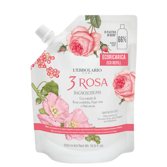 L'Erbolario 3 Rózsa illatú hidratáló tusfürdő -  Utántöltő 500ml