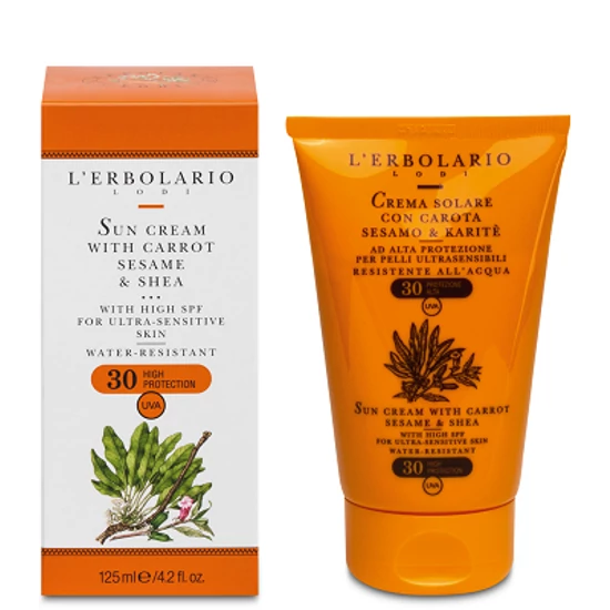 L'Erbolario Napozókrém karotinnal, szezámolajjal és karitévajjal SPF30+ 125ml