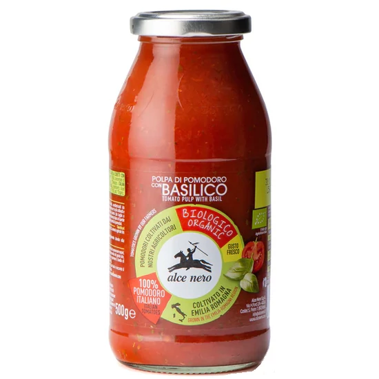 Alce Nero Bazsalikomos püré paradicsomdarabkákkal - bio 500g