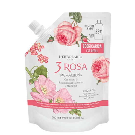L'Erbolario 3 Rózsa illatú hidratáló tusfürdő -  Utántöltő 500ml