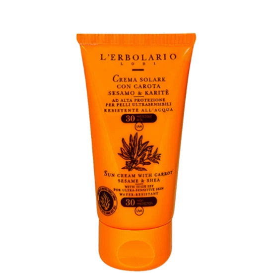 L'Erbolario Napozókrém karotinnal, szezámolajjal és karitévajjal SPF30 - Utazó méret 75ml