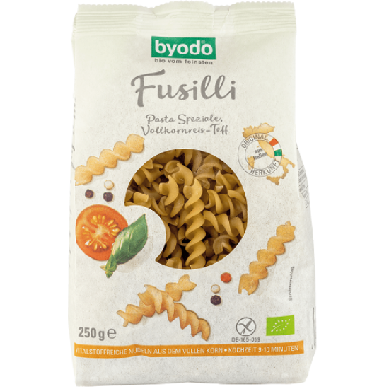 Byodo Fussili, teljes kiőrlésű rizs-teff tészta - gluténmentes, bio, vegán 250g