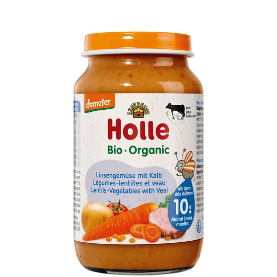 Holle Vöröslencse, zöldségekkel és borjúhússal,  üveges bébiétel - bio, demeter 220g